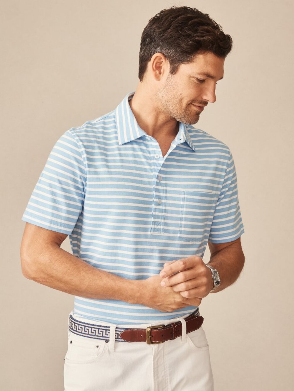 J McLaughlin Owens Polo in Breton Stripe - Light Blue/White NEW